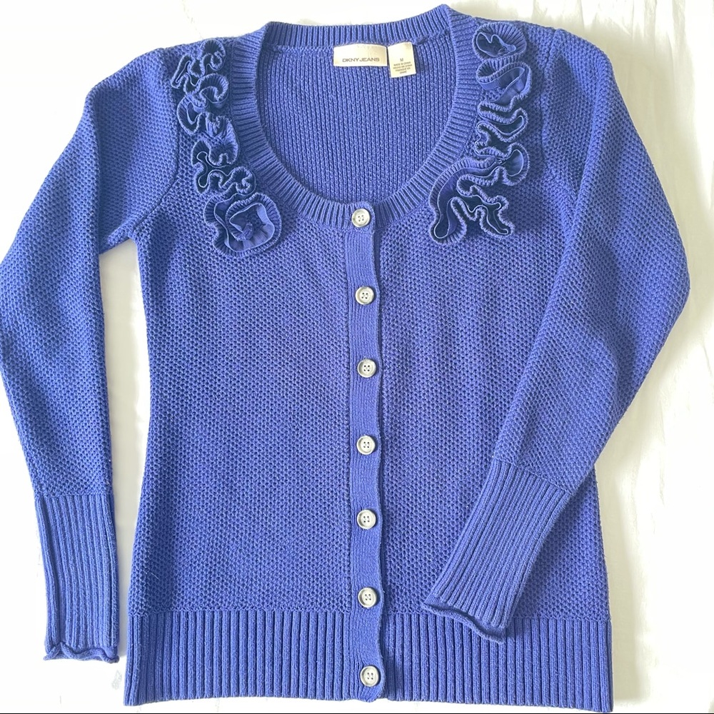 DKNY Jeans Royal Blue Button Down Women's Cardigan Scoop Neck Sweater - Size M